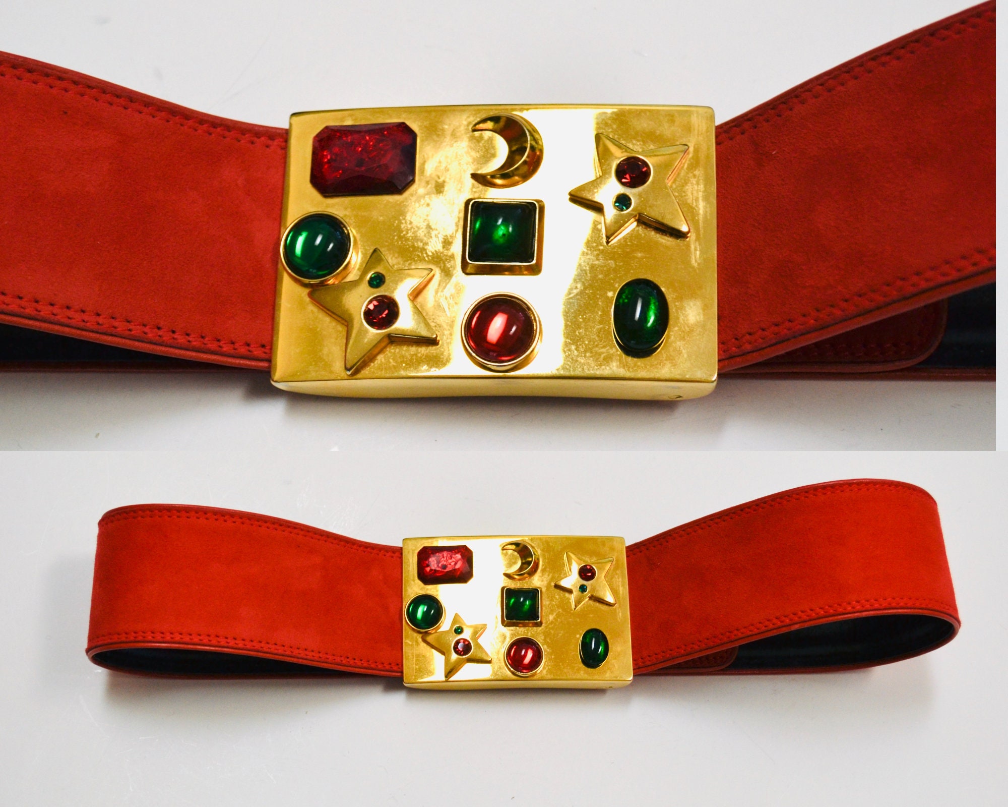 80s 90s Vintage ESCADA Red Gold Gemstone Belt Metallic Wide