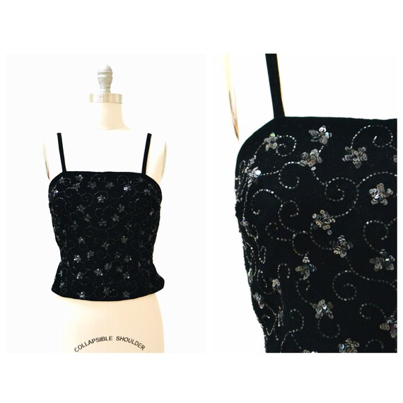 90s Vintage Black Sequin Crop Top Tank Size XS Sma
