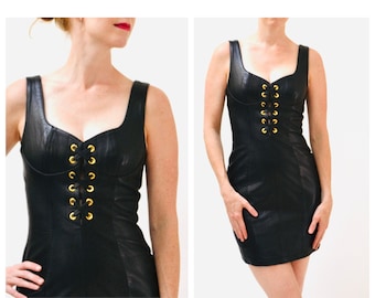 Vintage Black Leather Dress with Lace Up by Michael Hoban North Beach// 90s Vintage Black Leather Corset Tank Dress Small Medium