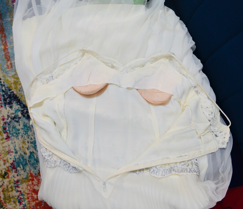 90s Vintage White Lace Prom Pageant Wedding Dress xxs XS Small 90s White Lace Slip Dress Pleated Chiffon Slip Dress with Metallic Lace Dress image 9