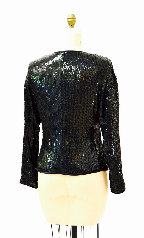 Vintage Black Sequin Jacket Medium// Black Silk S… - image 9