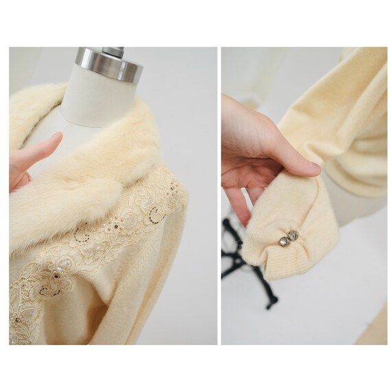 50s Vintage Cream Mink Fur Collar Beaded Cardigan… - image 10