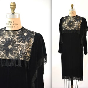 Vintage Black Velvet Dress Flapper Inspired Dress Size Medium Silk// Vintage 80s does 20s Black Beaded Fringe Velvet Dress image 1