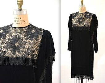 Vintage Black Velvet Dress Flapper Inspired Dress Size Medium Silk// Vintage 80s does 20s Black Beaded Fringe Velvet Dress