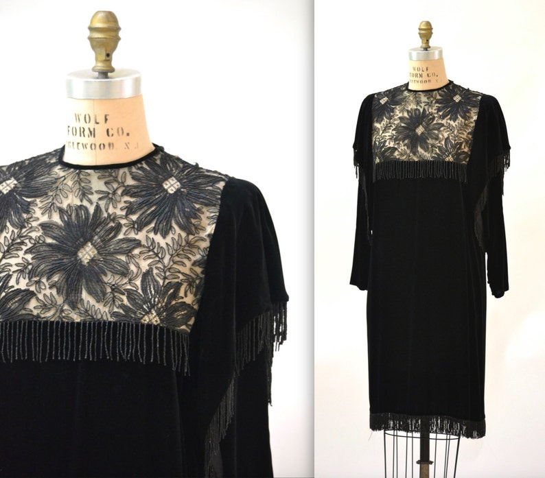 Vintage Black Velvet Dress Flapper Inspired Dress Size Medium Silk// Vintage 80s does 20s Black Beaded Fringe Velvet Dress image 1