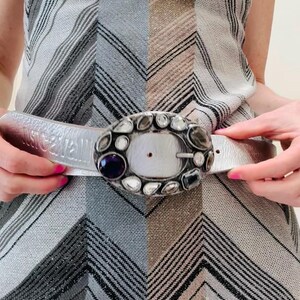 Y2K 2000s Just Cavalli Silver Leather Belt Rhinestone  display picture 1