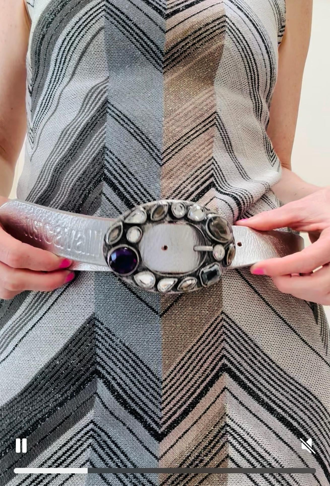 Y2K 2000s Just Cavalli Silver Leather Belt Rhinestone  display picture 1