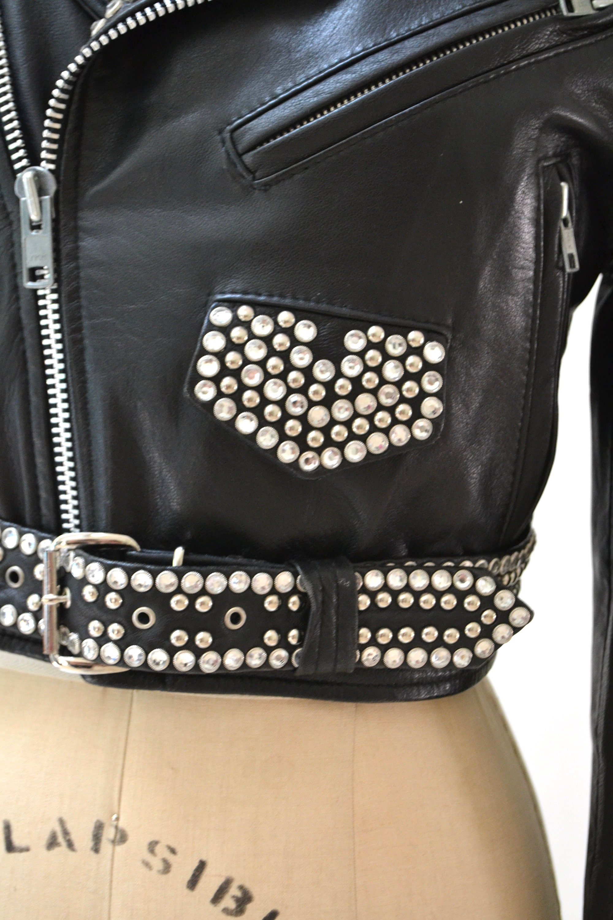 Vintage Black Leather Biker Jacket Silver Studs Rhinestones