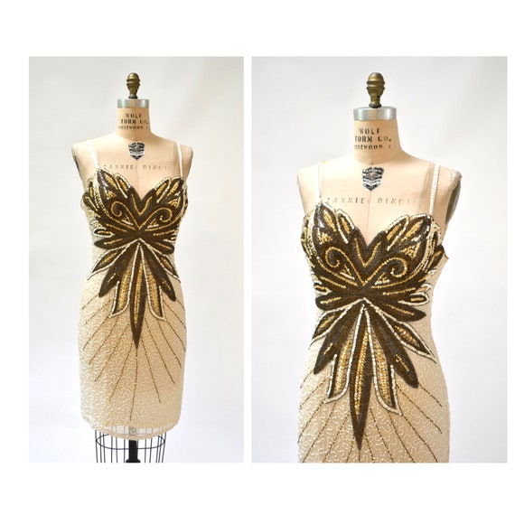Vintage White Beaded Dress XL Large Metallic Gold