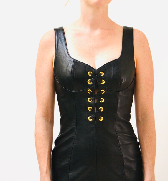 Vintage Black Leather Dress with Lace Up by Micha… - image 7