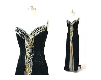 80s 90s Vintage Beaded Sequin Gown Dress By Bob Mackie Black Silver Strapless Black Beaded Gown BoB Mackie Cher Pageant Dress XS Small