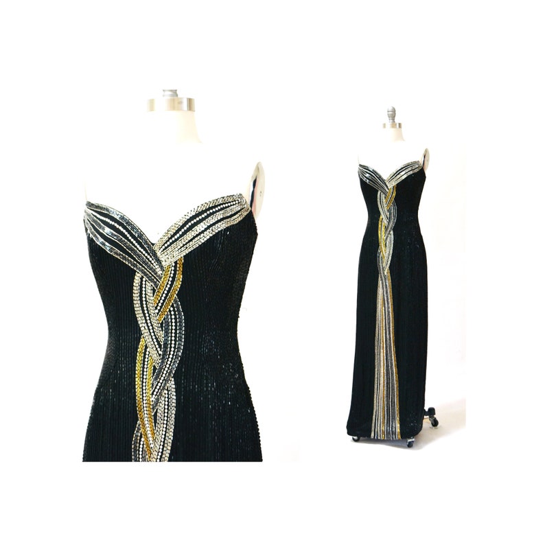 80s 90s Vintage Beaded Sequin Gown Dress By Bob Mackie Black Silver Strapless Black Beaded Gown BoB Mackie Cher Pageant Dress XS Small image 1