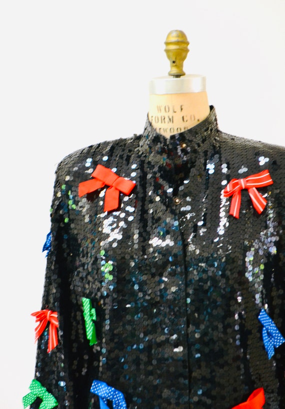 Vintage Black Sequin Jacket With Bows Ribbons 80s… - image 5
