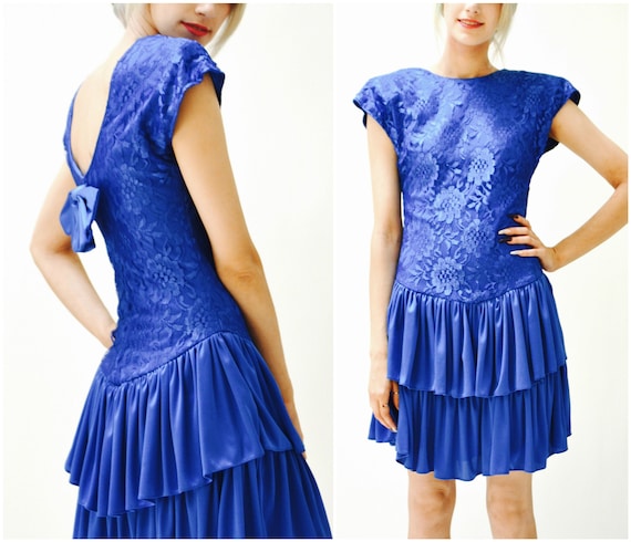 80s Prom Dress Blue Size Small medium Lace Ruffle… - image 2