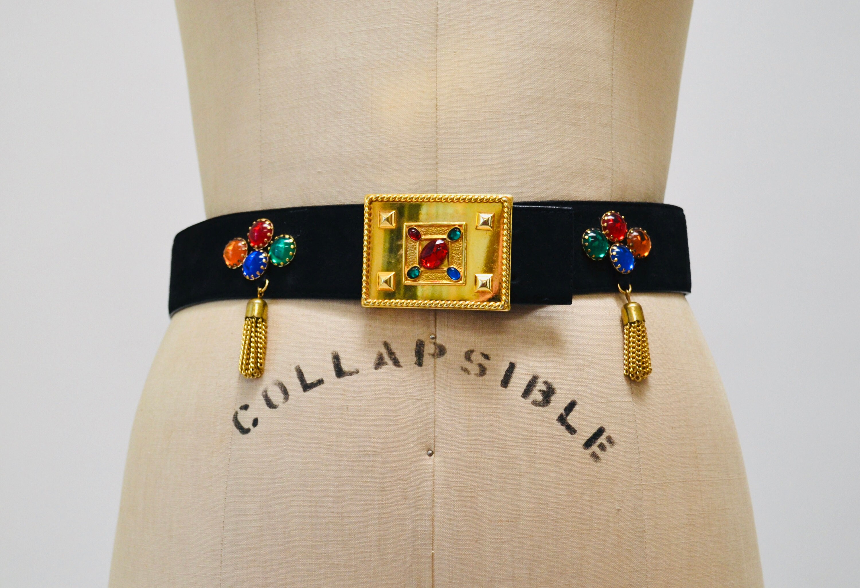 Golden  25SS ベルト ブラック系 Made In Italy 80s 90s Vintage ESCADA Black Gold Gemstone Belt Metallic