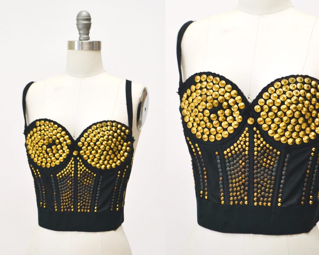80s 90s Vintage Gold Studded Black Bustier Top Small 80s 90s