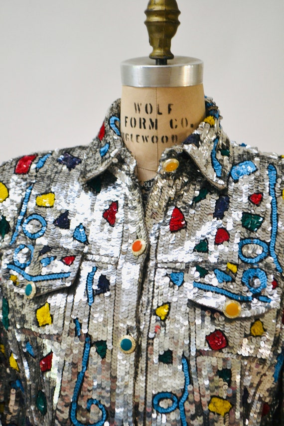 Vintage Sequin Jacket Silver Metallic Rainbow Seq… - image 4