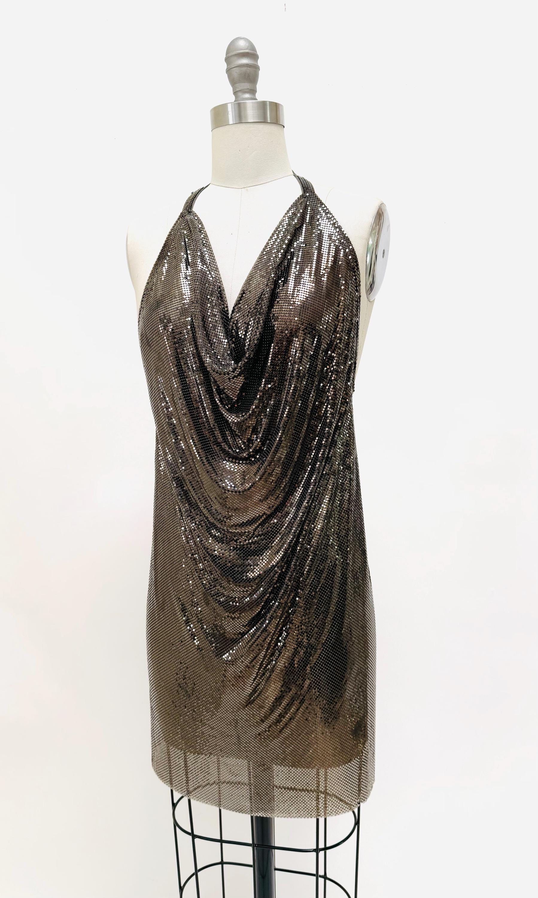 metal mesh fabric dress Metallic Mesh Mini Dress with Crystal Straps