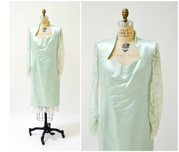Vintage 80s Prom Dress Size Large XL Mint Green//