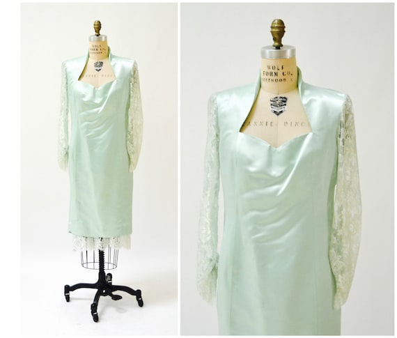 Vintage 80s Prom Dress Size Large XL Mint Green//… - image 1