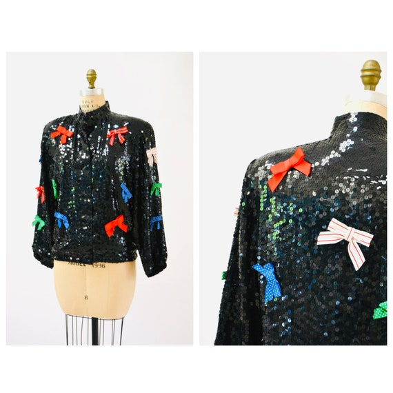 Vintage Black Sequin Jacket With Bows Ribbons 80s… - image 2