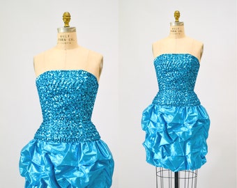 80s Vintage Prom Dress Metallic Blue Sequin Dress Small Strapless// 80s Metallic Party Dress Small Strapless Barbie Dress By Mike Benet