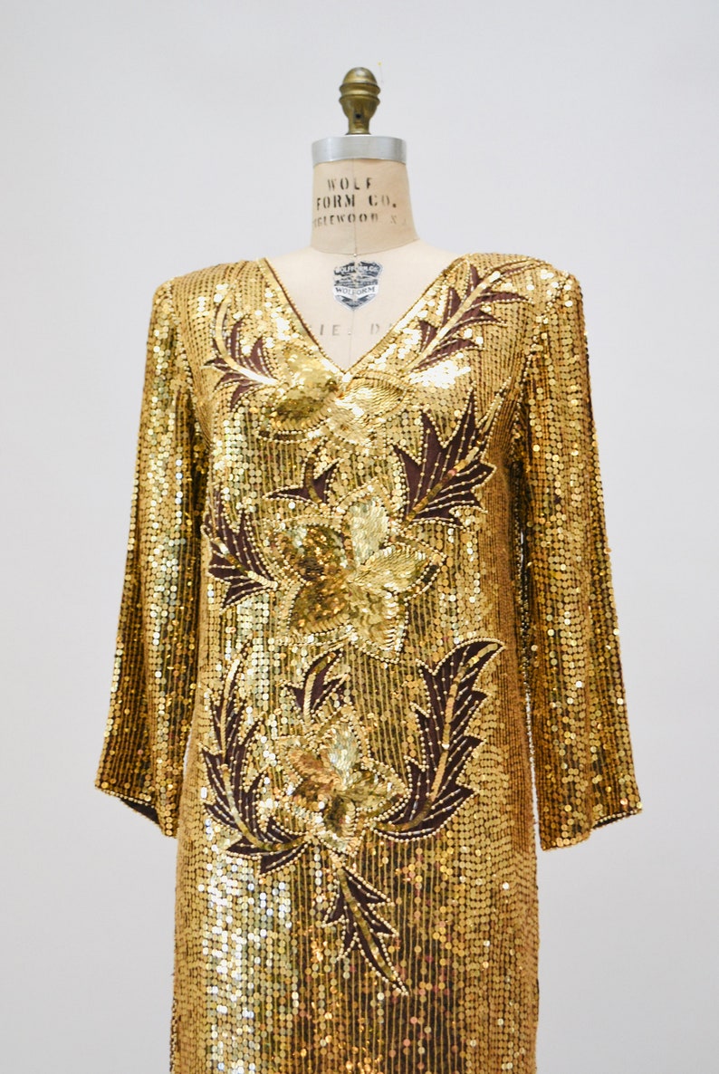 70s 80s Vintage Gold Sequin Dress Vintage Gold Metallic Dress medium large // Sequin Dress Flapper Inspired Cher Dress 80s Glam image 5