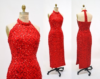 70s 80s Vintage Red sequin Gown Dress Red Vixen Sexy Sequin Dress Prom Dress Medium Pageant Jessica Rabbit Princess Costume Dress