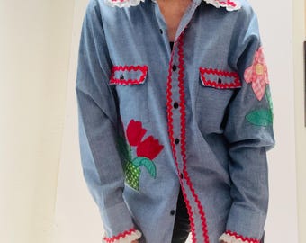 70s Vintage Denim Shirt Ruffles and Flowers Hand Embroidered Patchwork Quilted Denim Shirt Medium Western Cowgirl Shirt Small Medium