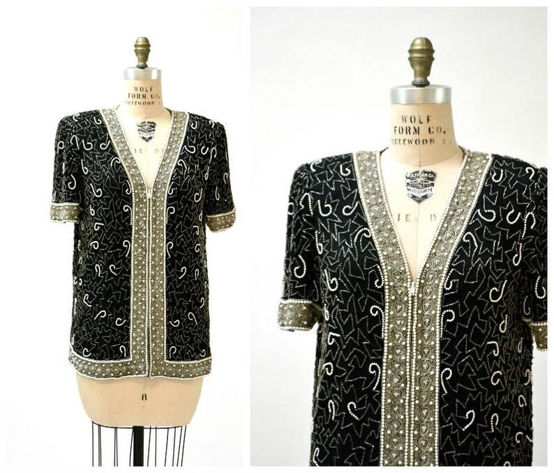 Vintage Black Beaded Shirt Jacket Top Size Large Silver Metallic Art Deco Jacket// 80s Trophy Sequin Jacket Shirt Large Laurence Kazar image 1