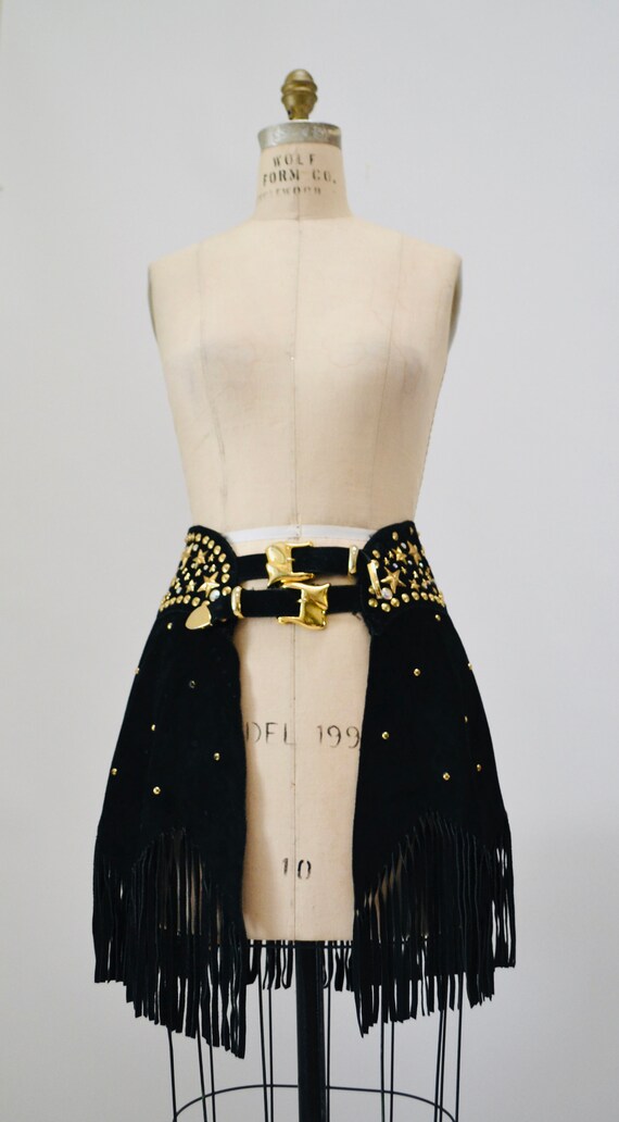 90s Vintage Black Leather Fringe Belt Skirt MEDIU… - image 7