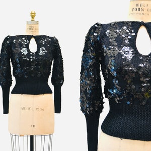 80s 90s Vintage Black Sequin Shirt Sweater Small Black Dolman Sleeves 90s Disco// Vintage Black Metallic Sequin Shirt Sweater Top