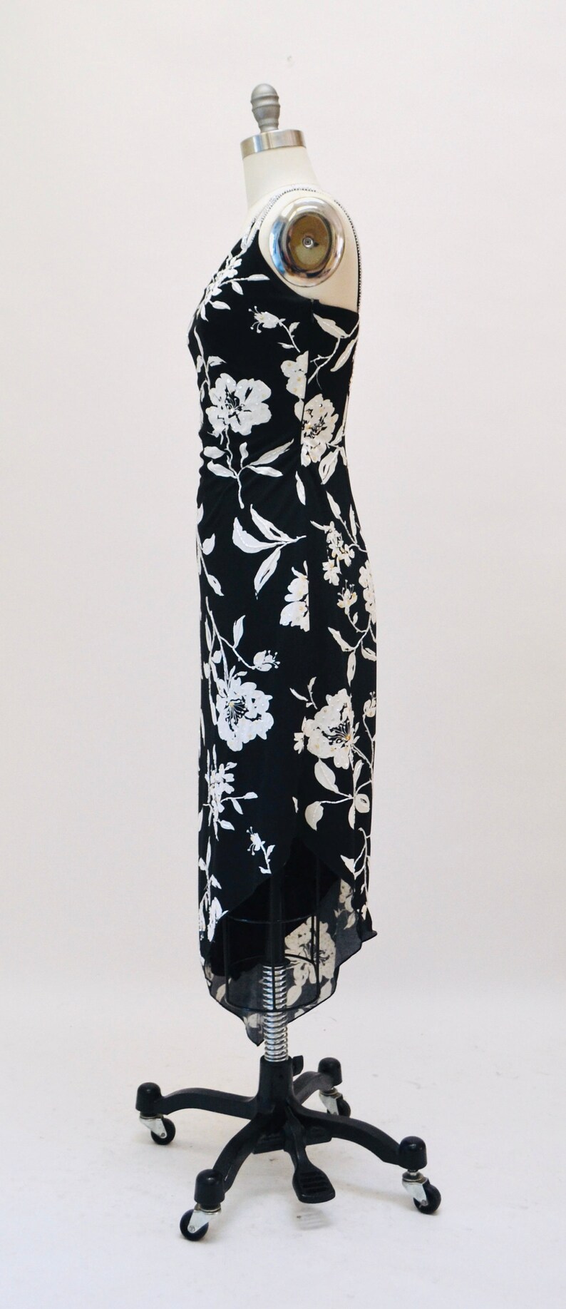 Vintage 00s Y2K Bias Cut Silk Dress Cache Black White Floral Print Beaded one Shoulder Dress XS Small 90s 00s Y2k Silk Tank Black Dress image 5