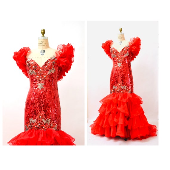 80s 90s Prom Dress Red Sequin Gown Small Medium /… - image 1