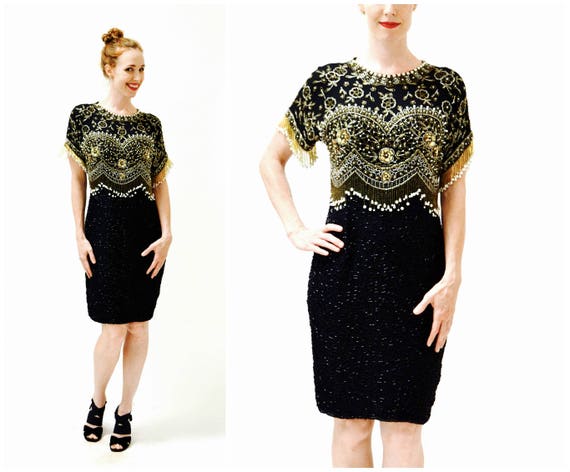 VIntage Black Sequin Dress Beaded Fringe Dress Me… - image 2