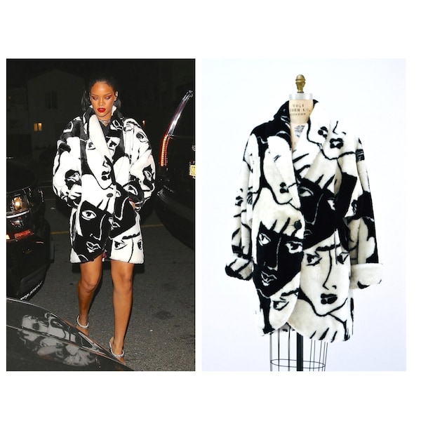 Vintage Faux Fur Jacket Coat Vintage Donny Brook Black White Fur Rihanna Art Deco Picasso Faces Coat Small Medium Large Donnybrook Face Coat