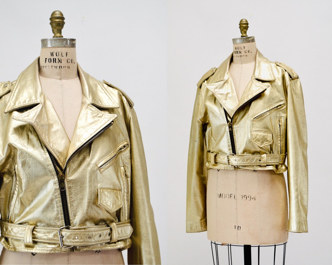 Vintage Gold Leather Jacket Biker Motorcycle Jacket Metallic