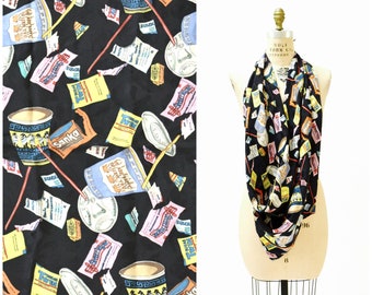 90s Vintage Nicole Miller Silk Large Scarf with Coffee Tea Junk Food Pop Art Culture Bar Sugar Hangover Scarf Large black silk scarf