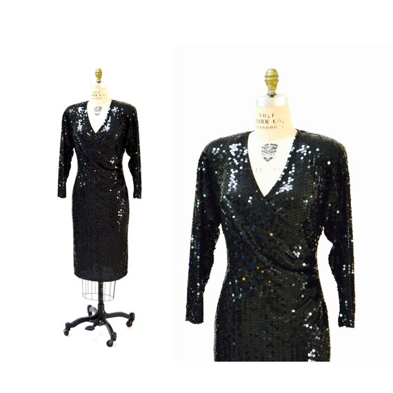 80s 90s Vintage Black Sequin Dress Wrap Dress Med… - image 2