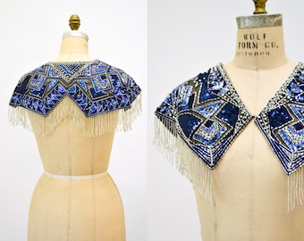 90s Vintage Blue Beaded Fringe Shawl Wrap Burlesque Wedding Flapper Blue Metallic Beaded Vintage Fringe Collar Shawl Showgirl