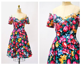 80s 90s Vintage Floral Print Dress Size Small Medium By Niki // 80s 90s Prom Party Sequin Dress Floral Print Party Dress Black Pink Flowers