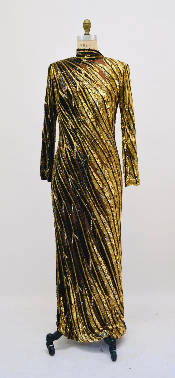 80s 90s Vintage Black Gold Beaded Sequin Gown Dre… - image 4