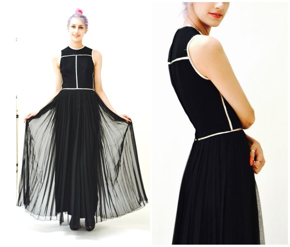 70s Black Maxi Dress Metallic silver Trim long Bl… - image 2