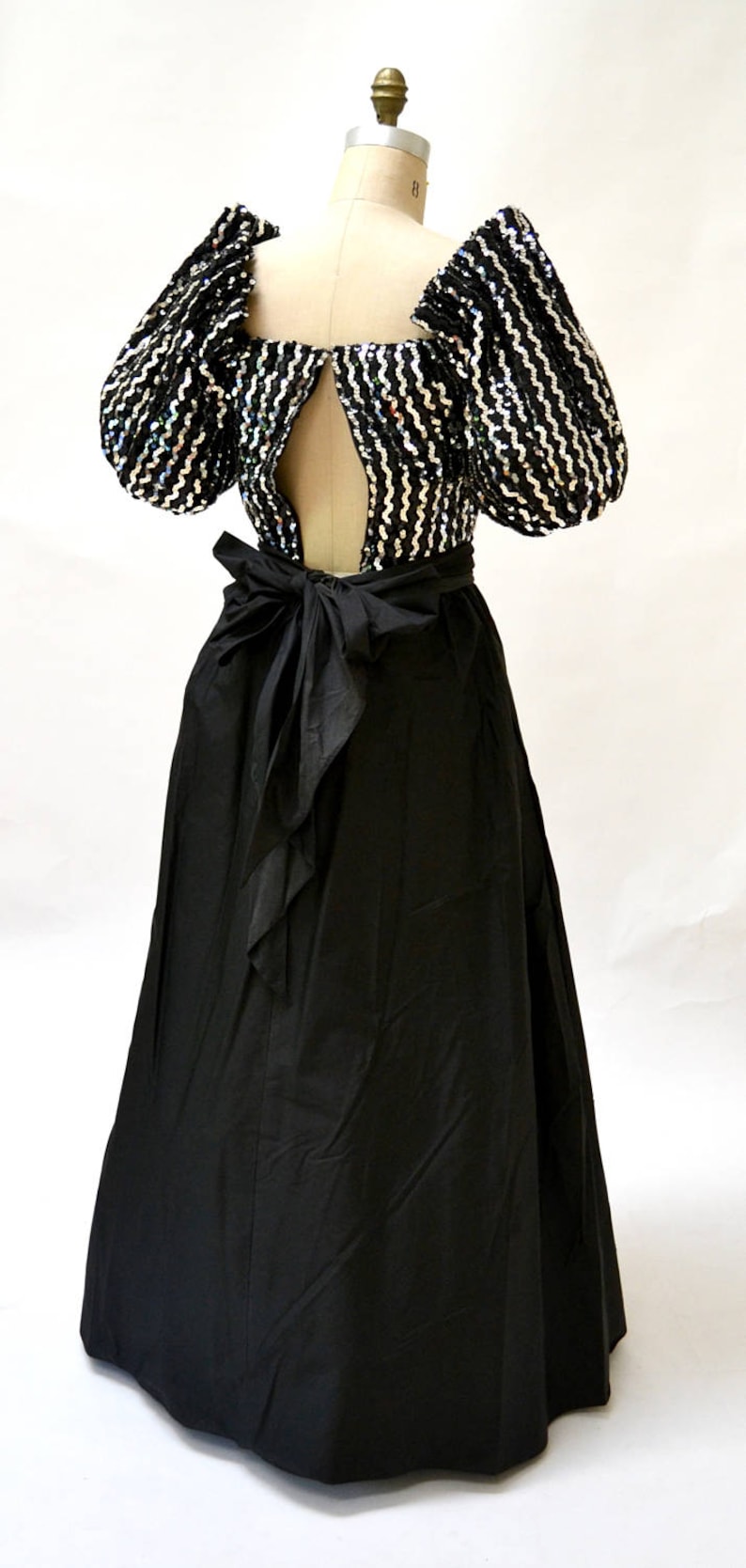 Vintage 80s Prom Dress XS Small Black Silver Sequin Evening Ball Gown Vintage Silver Sequin Dress Small Princess Dress