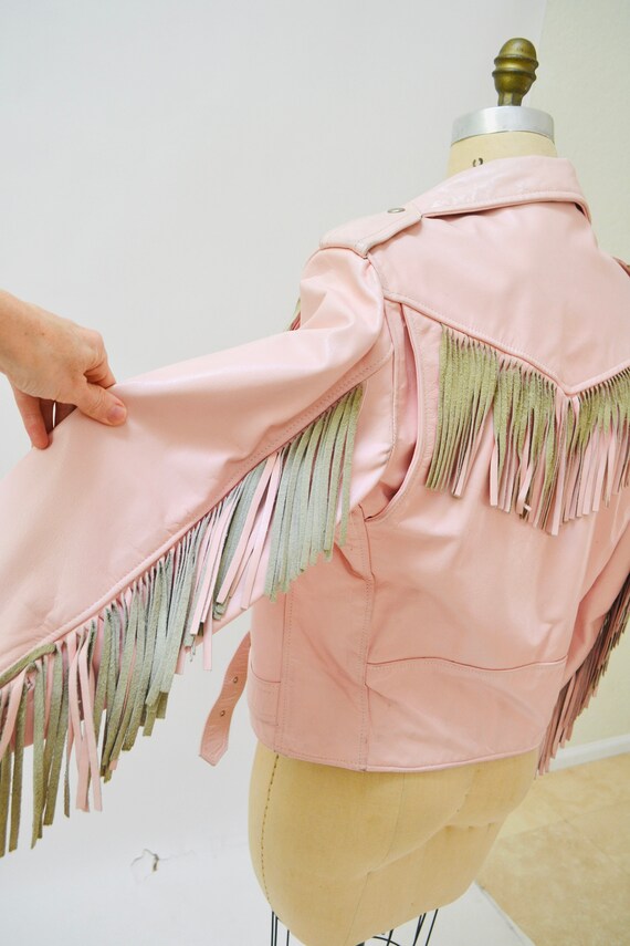 80s 90s Vintage PINK Leather Motorcycle Jacket Pa… - image 9