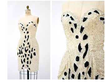 80s 90s Vintage Beaded Sequin Strapless Dress Bob Mackie Crema Blanco Plata Strapless Beaded Dress BoB Mackie Vestido de Novia Pequeño Mediano