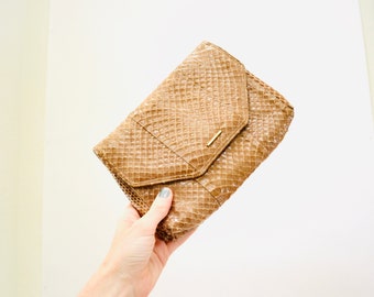 80s Vintage Tan Brown Leather Clutch Bag Purse Snakeskin Python// 80s Tan Camel Leather Snake Skin Bag Purse Jay Herbert