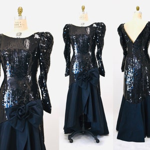 80s 90s Black Vintage Sequin Dress Evening Gown Medium// 80s Pageant Dress Black Sequin Ball Gown Dress Long Sleeve Conservative Nadine image 1