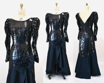 80s 90s Black Vintage Sequin Dress Evening Gown Medium// 80s Pageant Dress Black Sequin Ball Gown Dress Long Sleeve Conservative Nadine