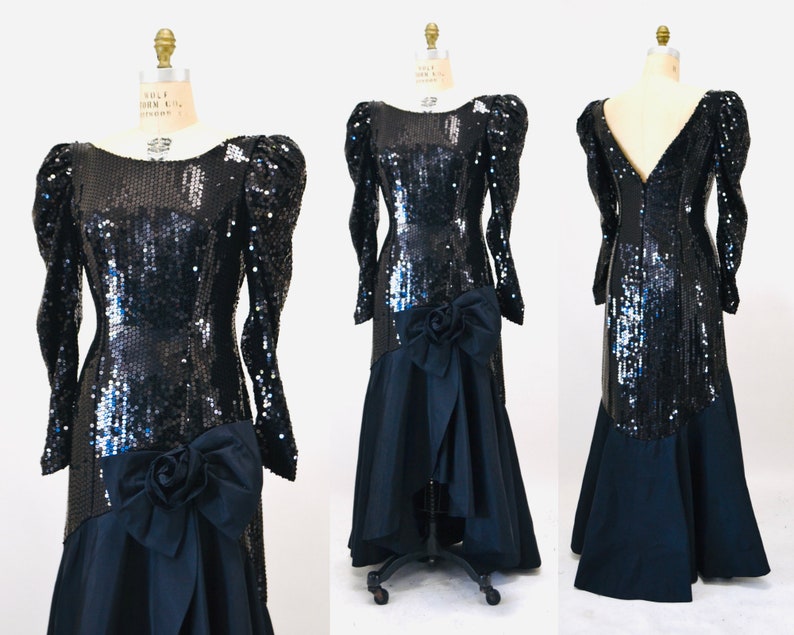 80s 90s Black Vintage Sequin Dress Evening Gown Medium// 80s Pageant Dress Black Sequin Ball Gown Dress Long Sleeve Conservative Nadine image 1